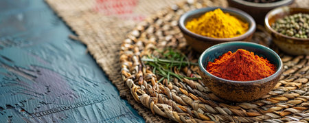 A vibrant mix of spices in small bowls, displayed on a woven placemat with a rustic background.の素材