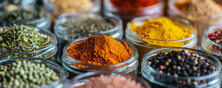 Close-up of various spices in small glass containers, highlighting their rich colors and textures.の素材