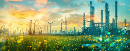 Double exposure of an oil refinery plant and a vibrant ecosystem with wind turbines and solar fields. The juxtaposition represents the harmonious balance between traditional and renewable energy sources.の素材