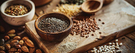 A wooden board featuring a variety of seeds and a wooden bowl, arranged in a rustic and natural style.の素材