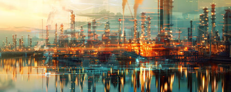 Innovative double exposure of an oil refinery plant with a futuristic hydrogen production plant. The combination highlights the potential of hydrogen as a clean energy alternative in the evolving energy landscape.の素材