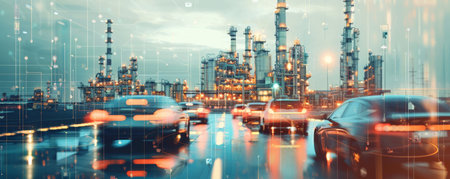 Double exposure of an oil refinery plant and a network of futuristic electric vehicles and charging stations. The overlay emphasizes the shift from fossil fuels to electric mobility, representing the evolution of the energy industry.の素材