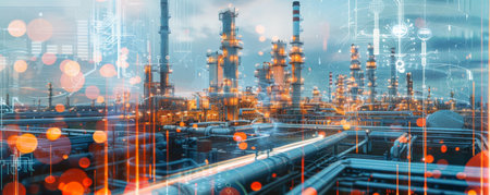 Double exposure of an oil refinery plant and a network of futuristic electric vehicles and charging stations. The overlay emphasizes the shift from fossil fuels to electric mobility, representing the evolution of the energy industry.の素材