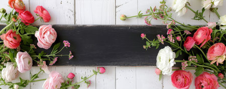 Elegant flowers arranged over a white wooden background with a central blackboard, ideal for text.の素材