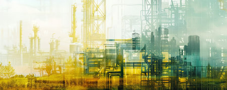 Double exposure of an oil refinery plant and an advanced bioenergy facility. The refinery's industrial elements blend with bioenergy crops and processing units, showing the transition to renewable biofuels.の素材
