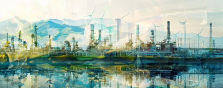 Double exposure of an oil refinery plant and a thriving green landscape with hydroelectric dams and wind farms. The overlay showcases the harmonious coexistence of traditional and renewable energy infrastructures.の素材