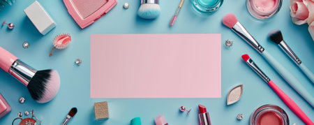 Overhead shot of beauty and fashion products for women, including brushes, earrings, and nail polish, framing a blank area for text.の素材