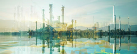 Innovative double exposure of an oil refinery plant with a futuristic landscape of algae biofuel production. The combination highlights the potential of alternative biofuels in the energy transition.の素材