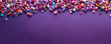An artistic arrangement of pills creating a border along the top and bottom edges of a purple background, leaving the center free for text. The rich purple color enhances the visual appeal of the pills.の素材
