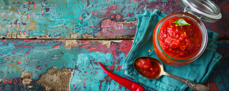 Spicy condiment in a glass jar on a napkin, accompanied by a chili pepper and a spoon, on a bold color background.の素材