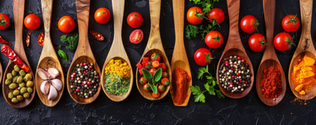 An assortment of colorful spices and fresh ingredients on wooden spoons, spread across a cooking table, capturing the essence of gourmet cooking.の素材