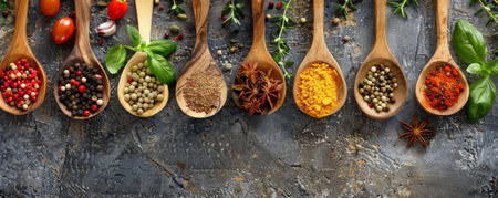 An array of spices and fresh ingredients on wooden spoons, artistically displayed on a rustic cooking table, capturing the essence of culinary creativity.の素材