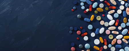 An elegant display of pills and capsules arranged in a grid pattern on a navy blue background, with the top half of the image left blank for text. The deep navy blue adds a sophisticated touch.の素材