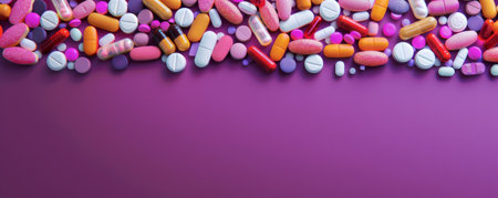 An artistic arrangement of pills creating a border along the top and bottom edges of a purple background, leaving the center free for text. The rich purple color enhances the visual appeal of the pills.の素材