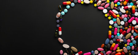 An assortment of pills forming a circular border on a black background, with the inner circle left blank for text. The black background enhances the vividness of the pills' colors.の素材