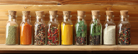 Assorted spices in glass bottles with cork stoppers, neatly lined up on a wooden shelf.の素材