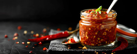 Spicy condiment in a jar, placed on a napkin with a chili pepper and a spoon beside it, all against a black background.の素材