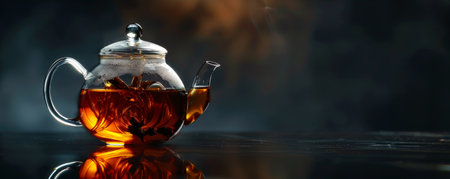 The rich amber hue of tea in a clear glass teapot, highlighted against a dark background. The image has ample space for text, perfect for promotional use.の素材