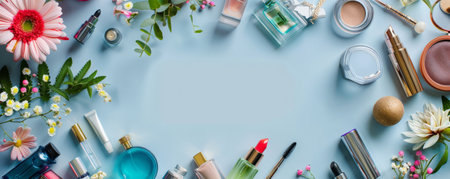 Top view of a variety of women's beauty and fashion items, including perfumes, bracelets, and makeup, arranged around a central blank area.の素材