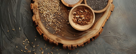 Top view of a rustic wooden board with a variety of seeds and a wooden bowl, emphasizing an organic look.の素材