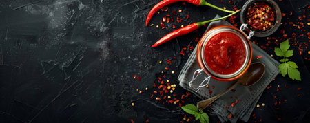 Top view of a spicy condiment jar on a napkin, with a chili pepper and a spoon, on a black background.の素材