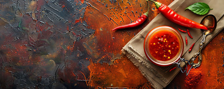 Top-down view of a jar of spicy condiment on a napkin, with a chili pepper and a spoon, against a dynamic color background.の素材