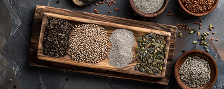 Top-down view of a wooden board with different types of seeds and a wooden bowl, emphasizing a natural and organic look.の素材
