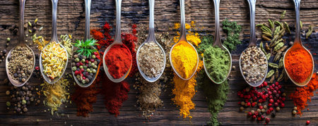 Top view of assorted spices in spoons, fanned out on a rustic wooden table, emphasizing their vibrant colors.の素材