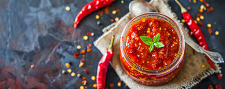 Top view of a jar of spicy condiment, with a chili pepper and a spoon on a napkin, against a dynamic color background.の素材