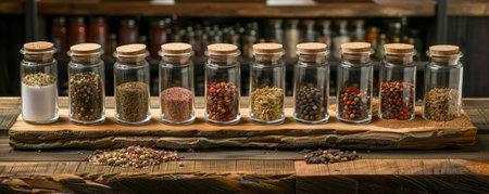 Various spices in glass containers, arranged on a wooden board with a rustic feel.の素材