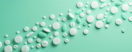 Various pills creating a diagonal line across a mint green background, with space for text in the bottom left corner. The mint green provides a fresh and calming effect.の素材