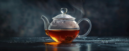 Tea in a clear glass teapot, elegantly positioned against a dark background. The rich tea color stands out, with plenty of space for text on the side.の素材