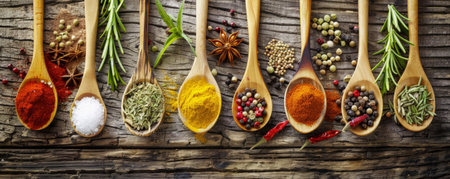 Various spices and cooking ingredients on wooden spoons, meticulously placed on a rustic cooking table, offering a feast for the eyes.の素材