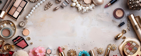 Top view of a variety of women's beauty and fashion products, including makeup, jewelry, and accessories, arranged around a blank area for text.の素材