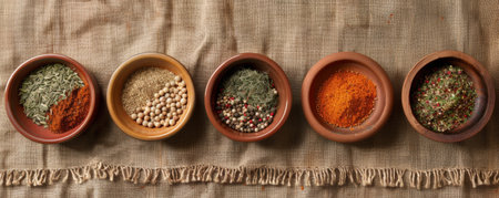 Top view of different spices in ceramic and wooden bowls, placed on a rustic tablecloth.の素材