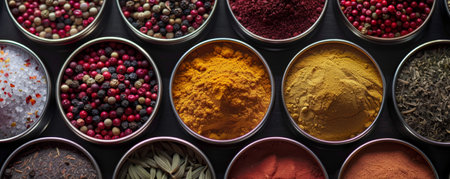 Various spices in round tins, artistically placed on a dark background to highlight their vibrant colors.の素材