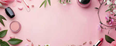 Top view of women's beauty and fashion items, such as lipstick, jewelry, and skincare, creating a frame around a blank space for text.の素材