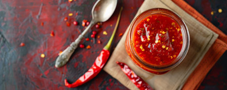 Top view of a spicy condiment jar on a napkin, with a chili pepper and a spoon, on a striking color background.の素材