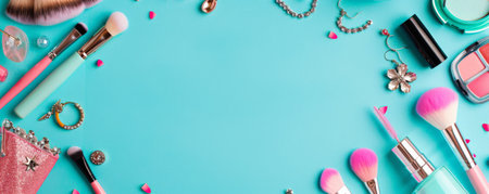 Overhead shot of beauty and fashion products for women, including makeup brushes, earrings, and nail polish, framing a blank area for text.の素材