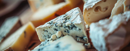 A vibrant close-up of a variety of gourmet cheeses on a wooden board, including creamy brie, aged gouda, tangy blue cheese, and a wedge of manchego, each with distinct textures and colors, creating a luxurious and appetizing cheese platter.の素材