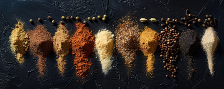 Various spices in small piles on a dark background, arranged to showcase the diversity in color and texture.の素材
