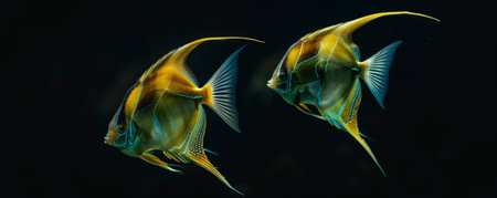A pair of angelfish swimming gracefully in tandem against a black background. Their long, flowing fins and striking patterns create a captivating display of synchronized motion and harmony.の素材