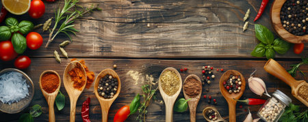 Various spices and fresh ingredients placed on wooden spoons, spread across a rustic cooking table, offering a rich visual feast of culinary elements.の素材