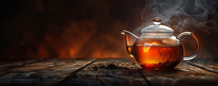 The warm glow of tea in a glass teapot set against a dark, moody background. The image has an inviting feel with ample space for text on one side.の素材