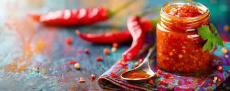 Spicy condiment in a jar, with a chili pepper and a spoon on a napkin, displayed against a colorful background.の素材