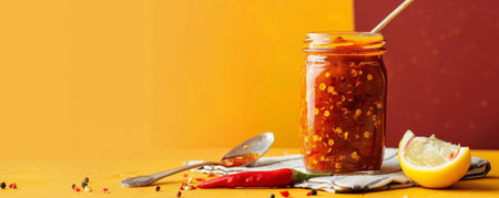 A jar of spicy condiment on a napkin, with a chili pepper and a spoon, set against a bold color background.の素材