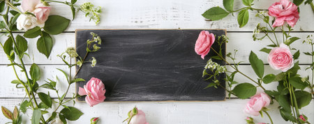 An artistic flower arrangement on a white wooden background with a central blackboard, perfect for text customization.の素材