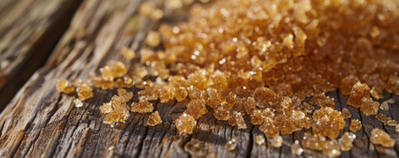 Close-up of golden caramelized sugar crystals scattered on a weathered wooden table. The rustic texture of the table contrasts with the glistening sugar crystals, creating a warm and inviting scene.の素材