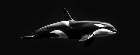 A sleek, black and white orca in motion against a deep black background. The whale's smooth, powerful movements and striking coloration create a dramatic and elegant display.の素材
