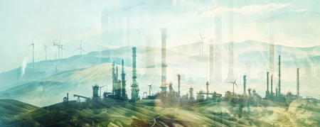 A creative double exposure of an oil refinery plant and a landscape filled with geothermal energy plants and wind turbines. The overlay signifies the diversification of energy sources for a sustainable future.の素材